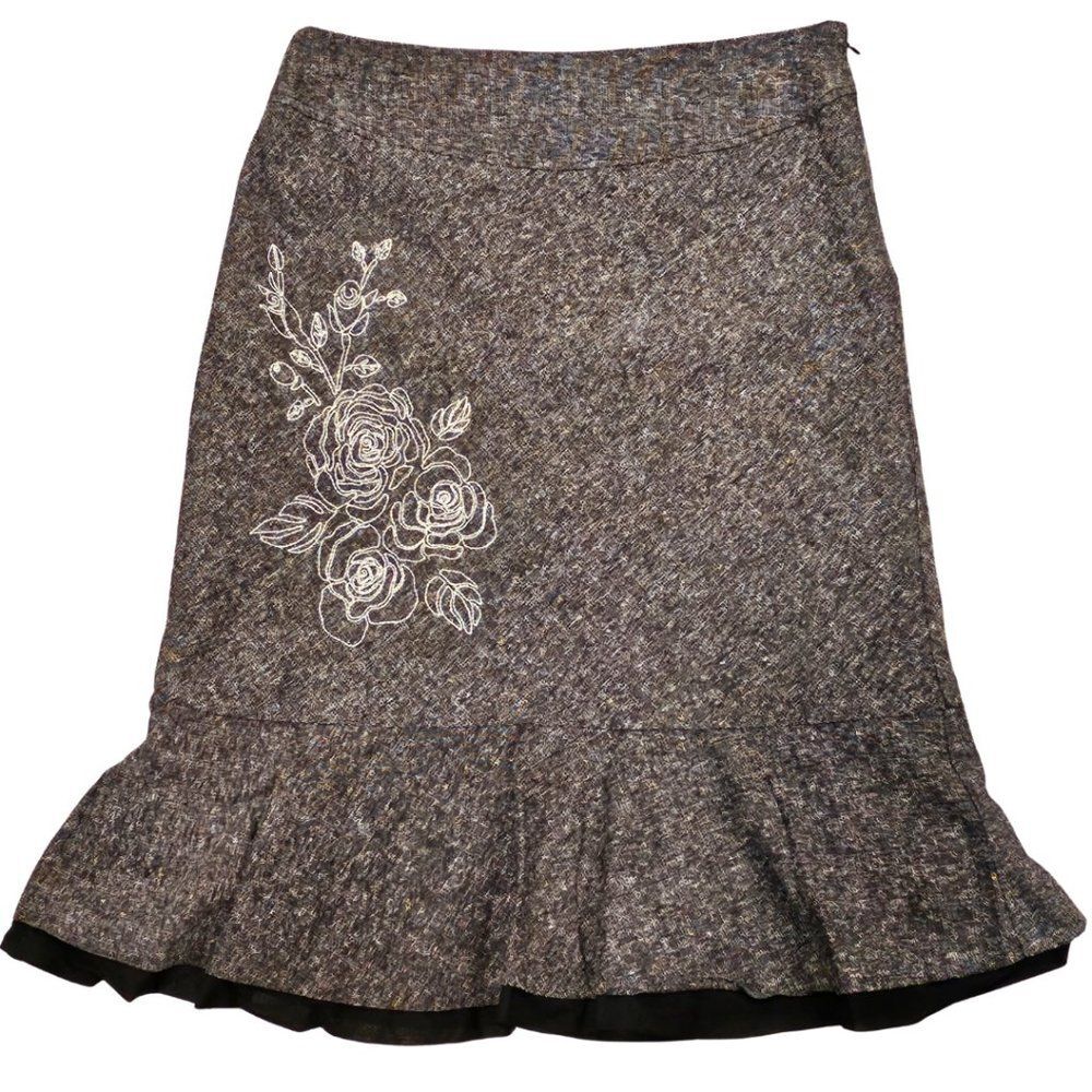 Vintage Academia Steampunk Witchy Twee Tweed Floral Embroidered Ruffle Hem Sz 10